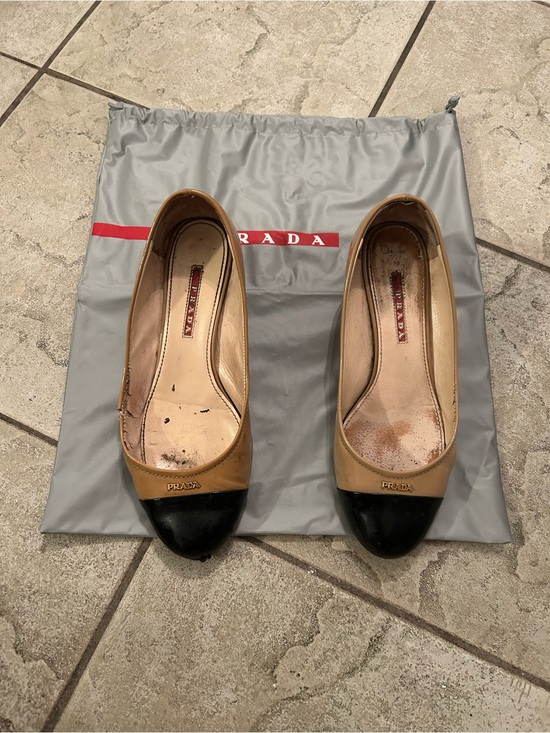 Prada Shoes - Prada Women’s Two-Tone Leather Cap-Toe worn ballet Flats — Tan and Black